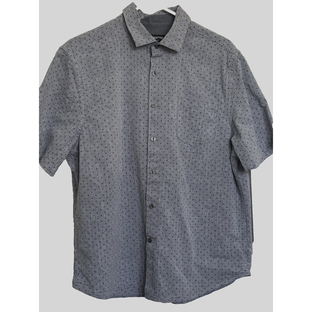 Liz Claiborne Men L Gray Print Short Sleeve Shirt Button Up Classic Fit Stretch - Picture 2 of 10